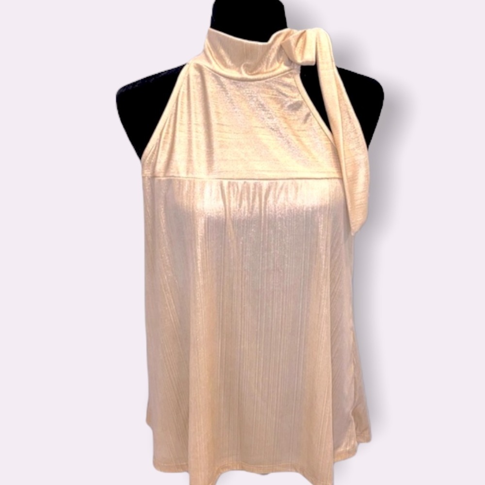 D*N*T Mock turtle neck with tie halter A-Line dressy ribbed gold top/tunic